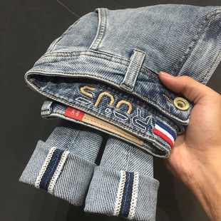 斜纹面料斜插裤兜九分牛仔裤男高端浅蓝色修身小脚长裤夏季薄款