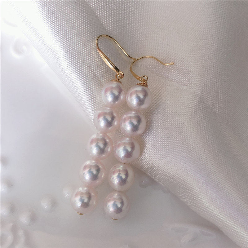 复古ins风18K黄金樱花粉7mm日本akoya海水珍珠平衡耳钉耳环耳钩