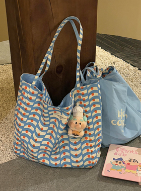 韩系慵懒风蓝白条纹帆布托特包女大容量通勤单肩包2025新款购物袋