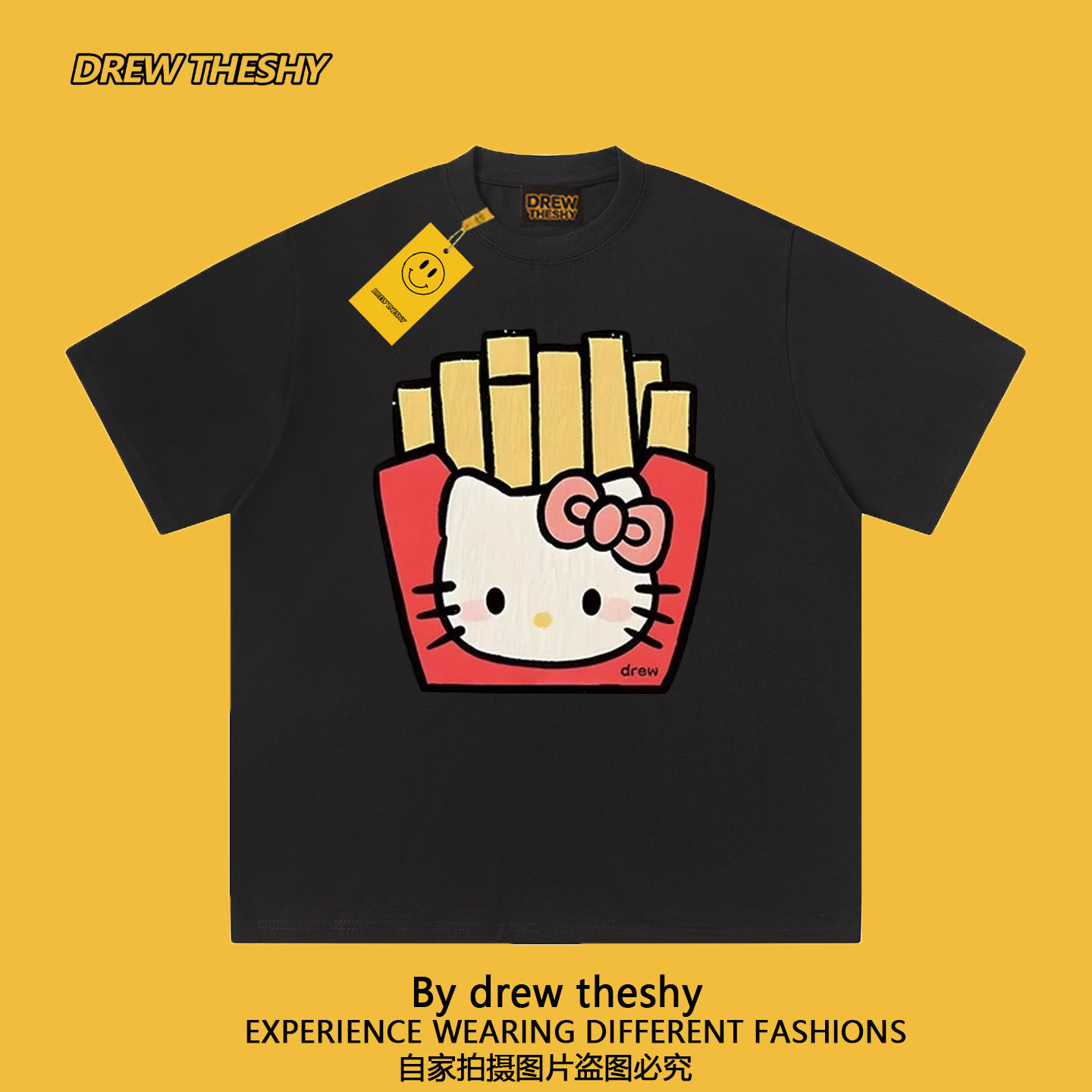 drew美式潮牌短袖t恤薯条趣味卡通动漫印花男女INS重磅纯棉宽松bf