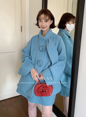 BENYAN本言 法式千金名媛花朵装饰毛呢外套短裙两件套套装女82658