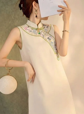 【年后发】新中式刺绣无袖连衣裙气质夏季新款国风A字裙女 P0150