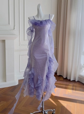 紫色人鱼一字肩亮片修身晚礼服轻奢性感修身鱼尾裙敬酒服女 68766