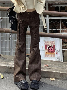 女秋季 新款 设计感高腰裤 美式 垂感拖地微喇叭裤 皮裤 修身 咖色工装