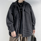 千鸟格毛呢外套男春秋冬加绒加厚潮牌宽松大码 小香风工装 夹克棉服