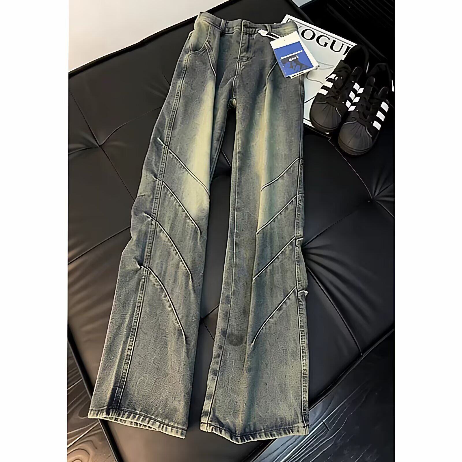 美式水洗褶皱牛仔裤男款夏季潮牌斜条纹设计感裤子窄版直筒微喇裤