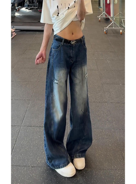 美式复古蓝工装牛仔裤男款夏季微喇裤子宽松bf慵懒风阔腿弯刀裤