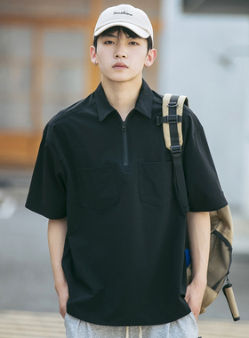 polo衫男半拉链男士短袖t恤夏季工装plol纯棉衬衫领日系美式冰丝T
