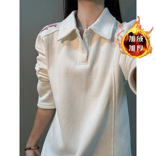 白色美式刺绣POLO衫卫衣男款秋冬季加绒加厚潮牌休闲百搭长袖上衣