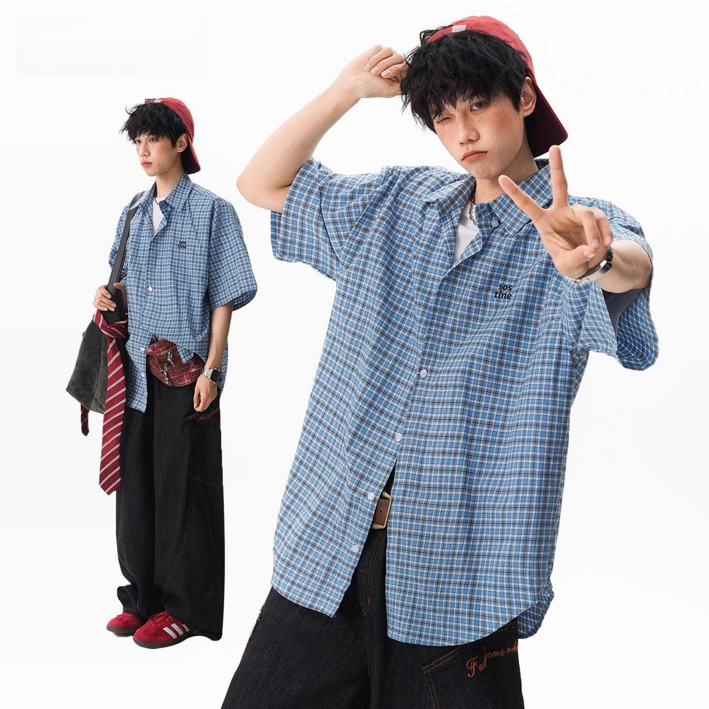 美式复古格纹刺绣短袖衬衫男女夏季宽松POLO衫T恤设计感情侣外套