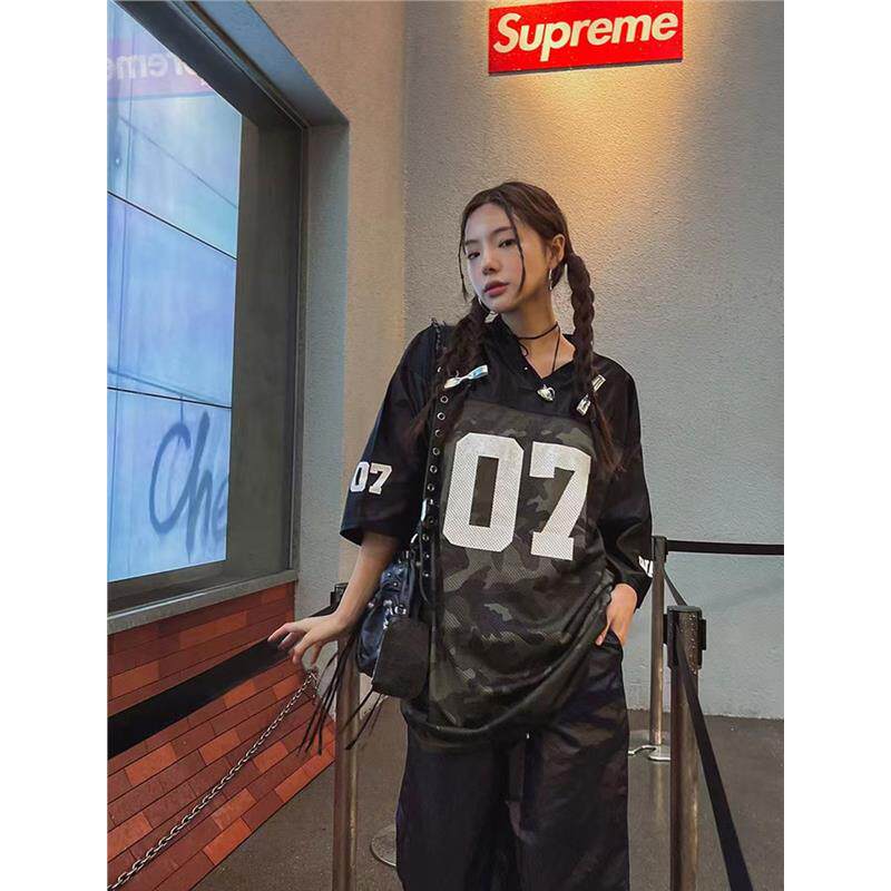 嘻哈美式短袖球衣男女宽松半袖Hiphop街舞套头数字07印花上衣T恤