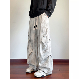 扎染灯芯绒伞兵裤男秋冬加绒加厚潮牌宽松休闲裤美式复古工装裤子