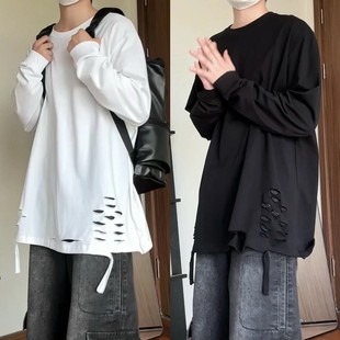 重磅白色卫衣男破洞长袖t恤内搭打底衫秋冬潮牌上衣纯棉内衬短袖
