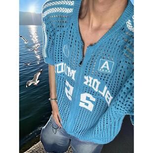 美式复古镂空透气针织短袖衬衫cleanfit潮牌字母运动防晒衬衣外套