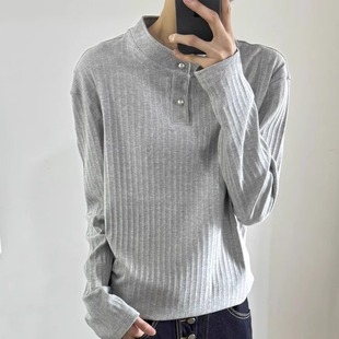 浅灰色亨利领老钱风polo衫男款秋季高级感正肩长袖t恤基础打底衫