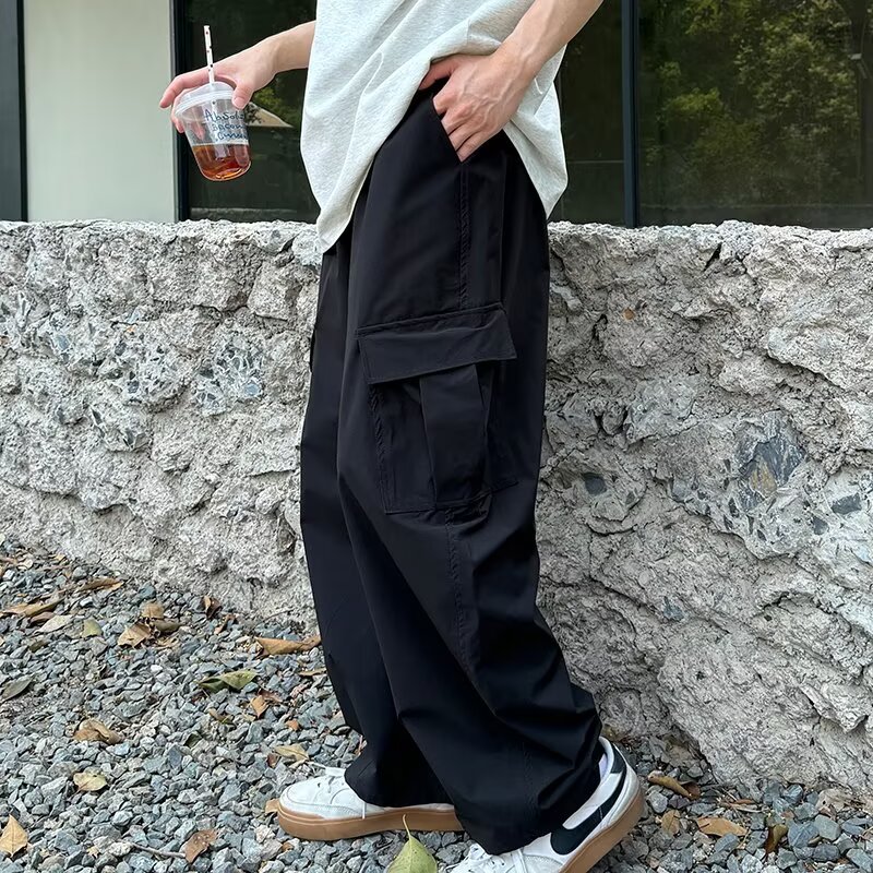 黑色抽绳休闲工装裤男生秋季2025新款直筒百搭长裤子纯色宽松简约