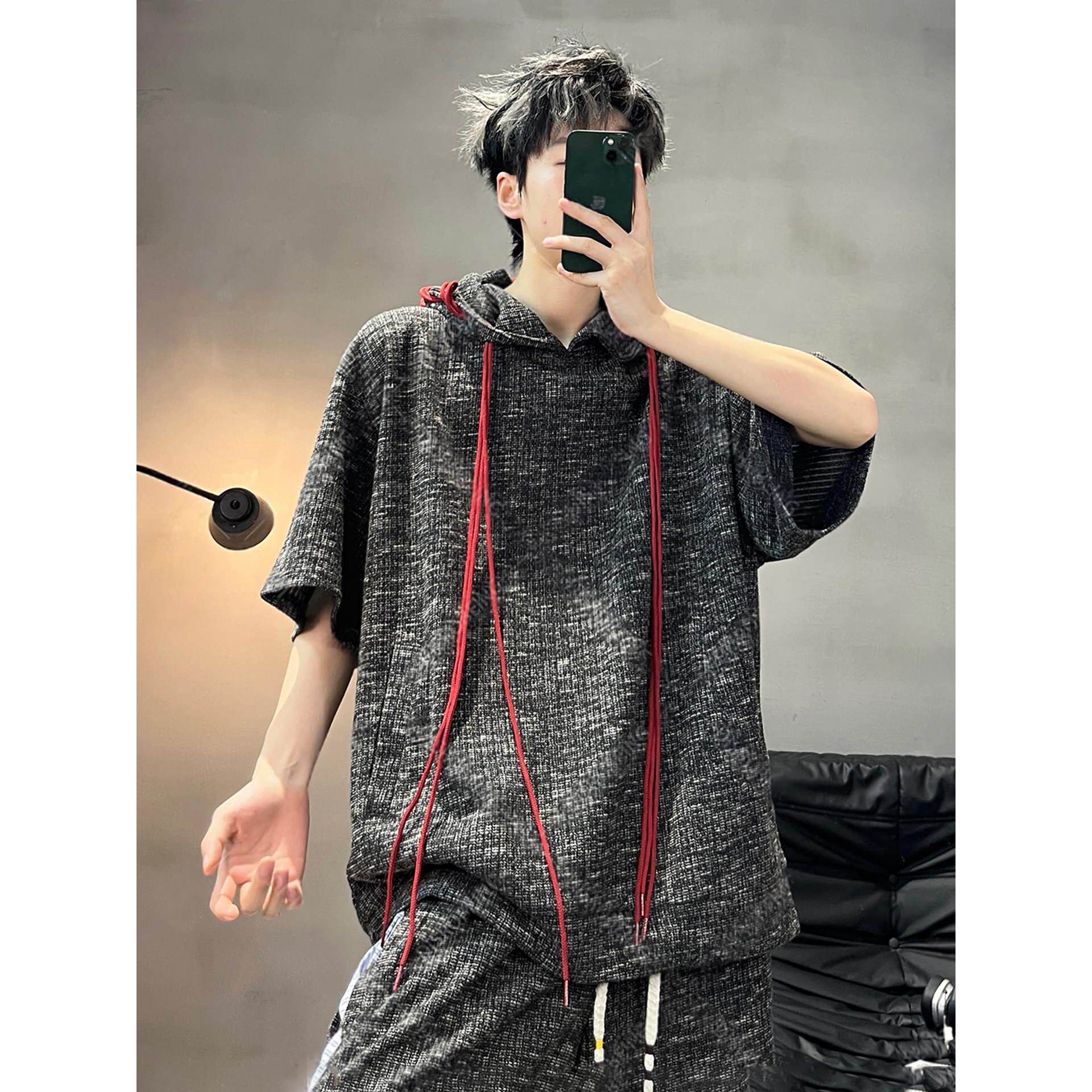 美式潮牌连帽短袖t恤男青少年穿搭夏季透气宽松运动上衣半袖卫衣