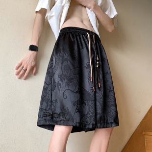 外穿运动休闲裤 五分裤 男潮胖子加肥加大码 中国风龙纹冰丝提花短裤