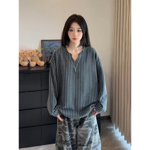 小香风黑白条纹v领长袖T恤男款秋季美式卫衣慵懒松弛感内搭打底衫