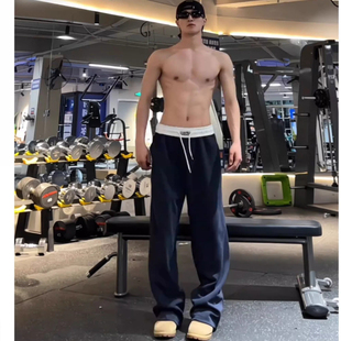 垂感微喇裤 藏青色美式 cleanfit刺绣休闲直筒裤 男款 子 健身运动卫裤