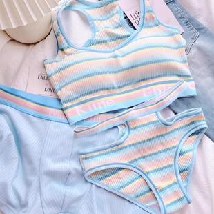 彩虹情侣内衣三件套文胸多巴胺女士运动内衣内裤带胸垫一体文胸