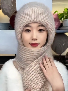 新款松鼠绒毛线编织帽子围巾一体两件套内里加绒加厚款女士毛线帽