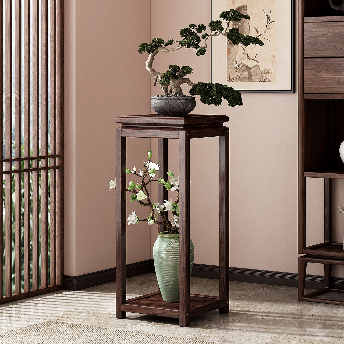 新中式花架客厅落地式置物架阳台多层实木花台室内盆景植物摆放架