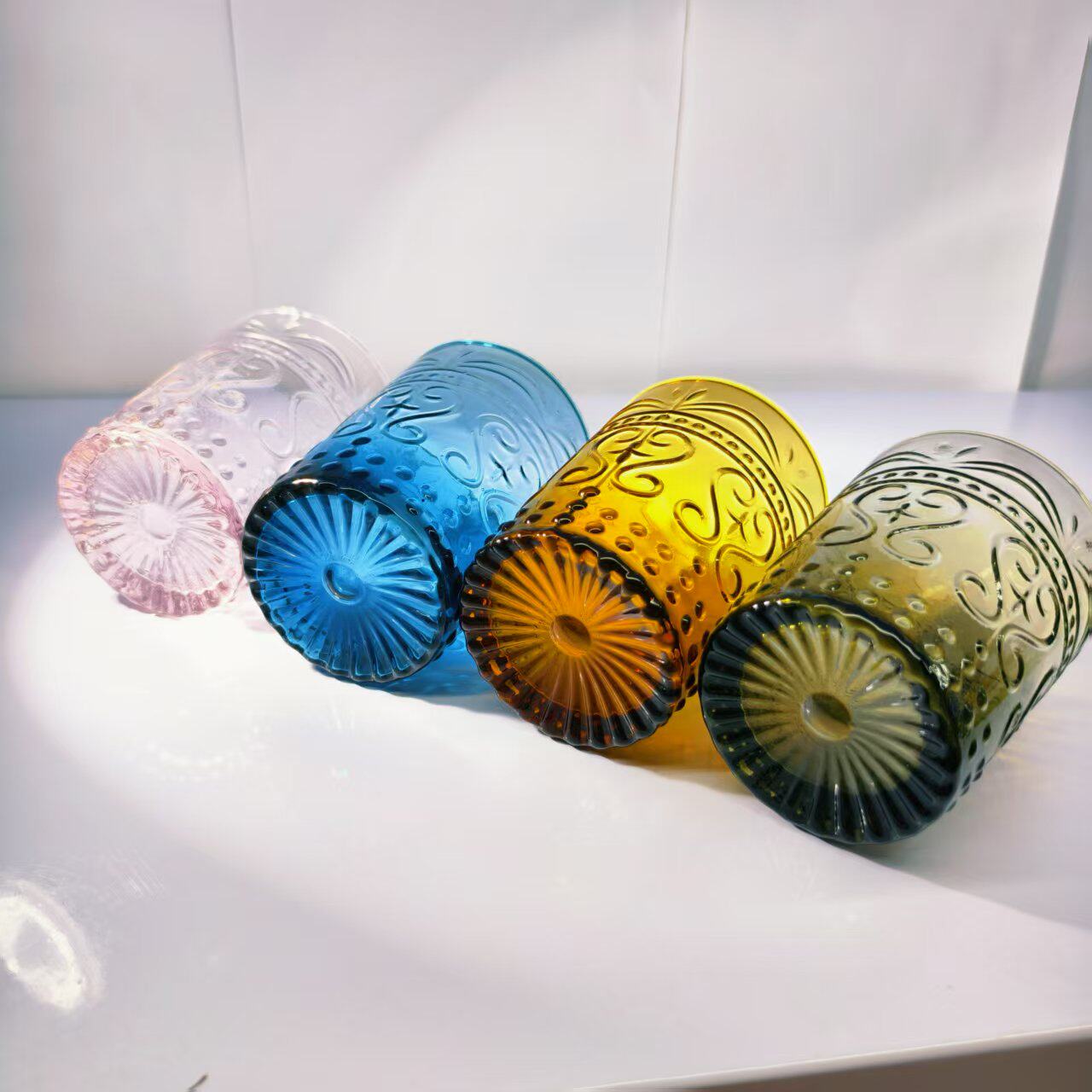 复古ins浮雕彩色花纹玻璃水杯家用牛奶果汁杯冷饮原色99