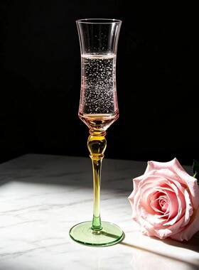 可尔复古粉色渐变花高脚香槟杯