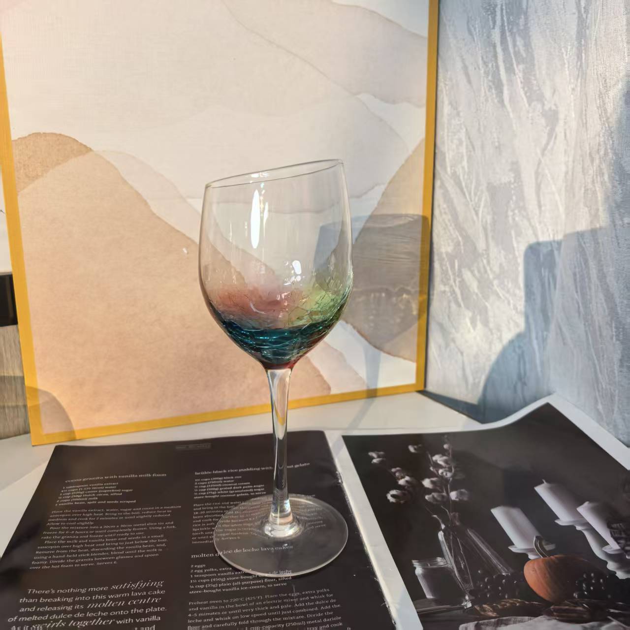 彩色冰裂纹高脚斜口红酒杯
