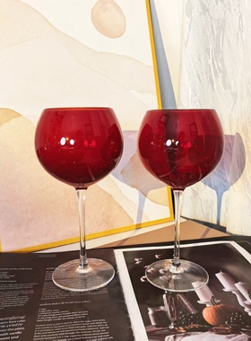 【可尔】出口法国原单复古红色高脚杯红色原色水晶玻璃红酒杯D54