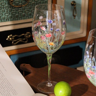 繁花似锦彩绘春日高脚红酒杯创意ins葡萄酒杯女神185 2支 可尔