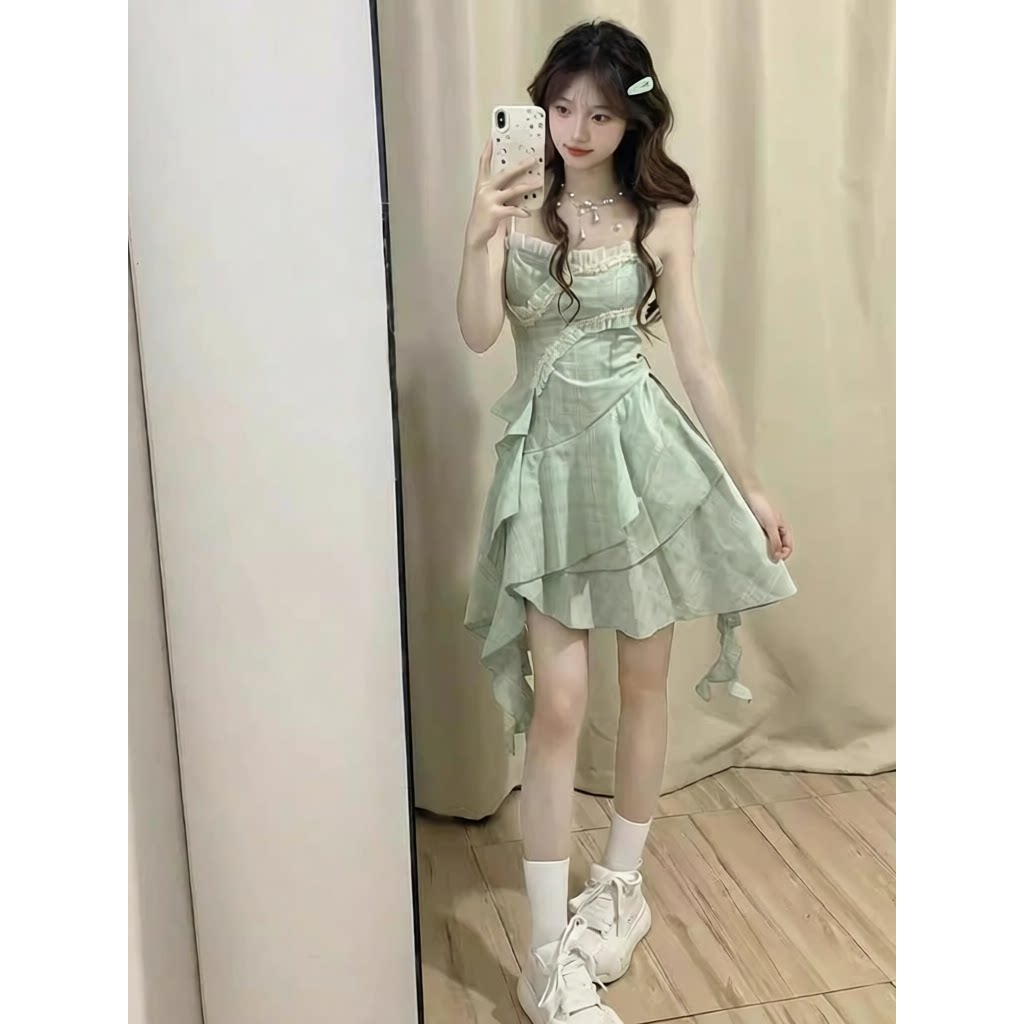 春夏新款少女风甜美绿色无袖吊带连衣裙