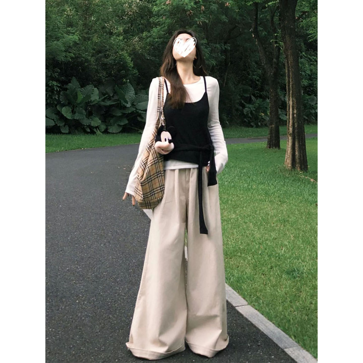 时尚韩版设计感长袖T恤内搭叠穿黑色吊带背心女早秋新款两件套装