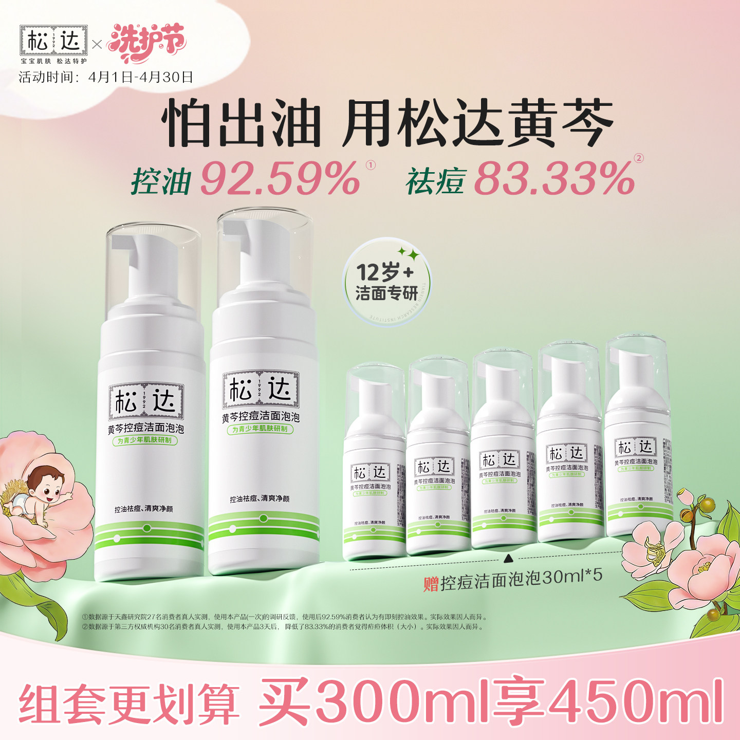 松达青少年控痘洗面奶黄芩控油洁面泡泡洁面乳洗脸护肤祛痘套装