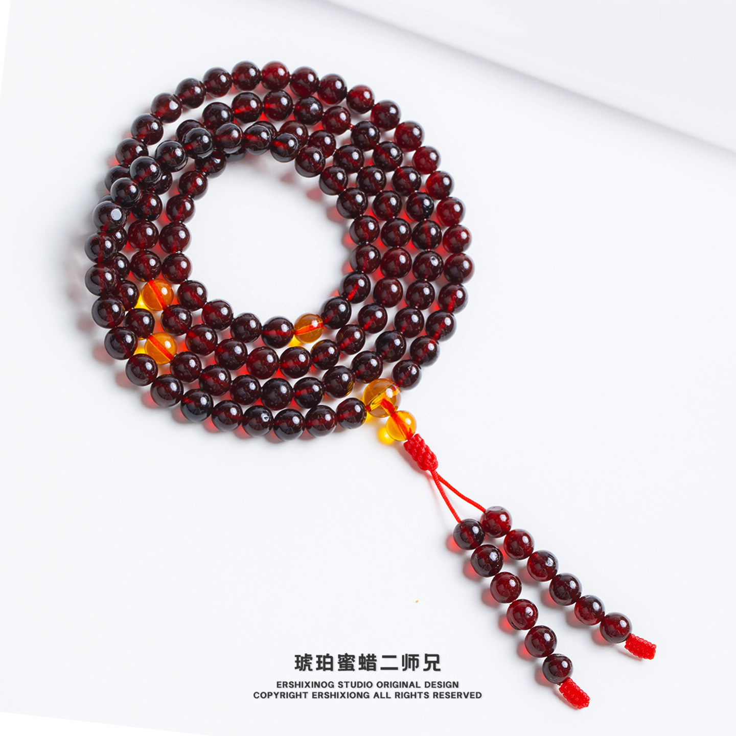 馆藏级天然无优化无烤色缅甸真品血珀酒红玻璃底净水108佛珠6mm