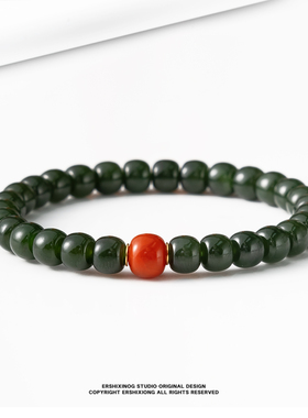 收藏级•天然无优化加拿大北极碧玉菠菜绿精工归圆老型搭配手串