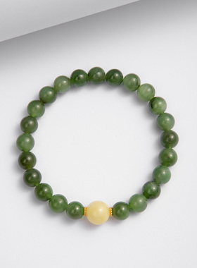 天然无优化俄罗斯七号矿碧玉菠菜绿圆珠手串原创搭配奶白蜜蜡