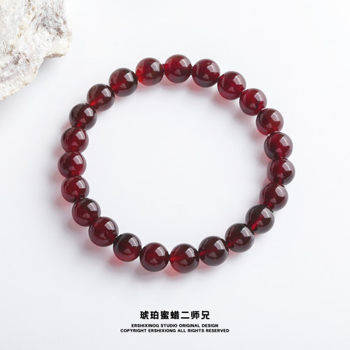 馆藏级天然无优化无烤色缅甸真品血珀玻璃底圆珠手串8mm