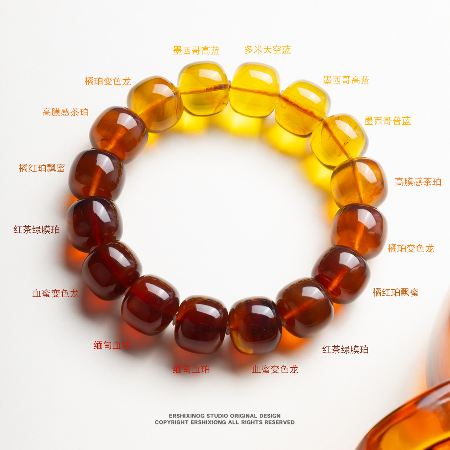 馆藏级·天然彩虹渐变稀有满膜感琥珀变色龙血珀翳珀老型手串