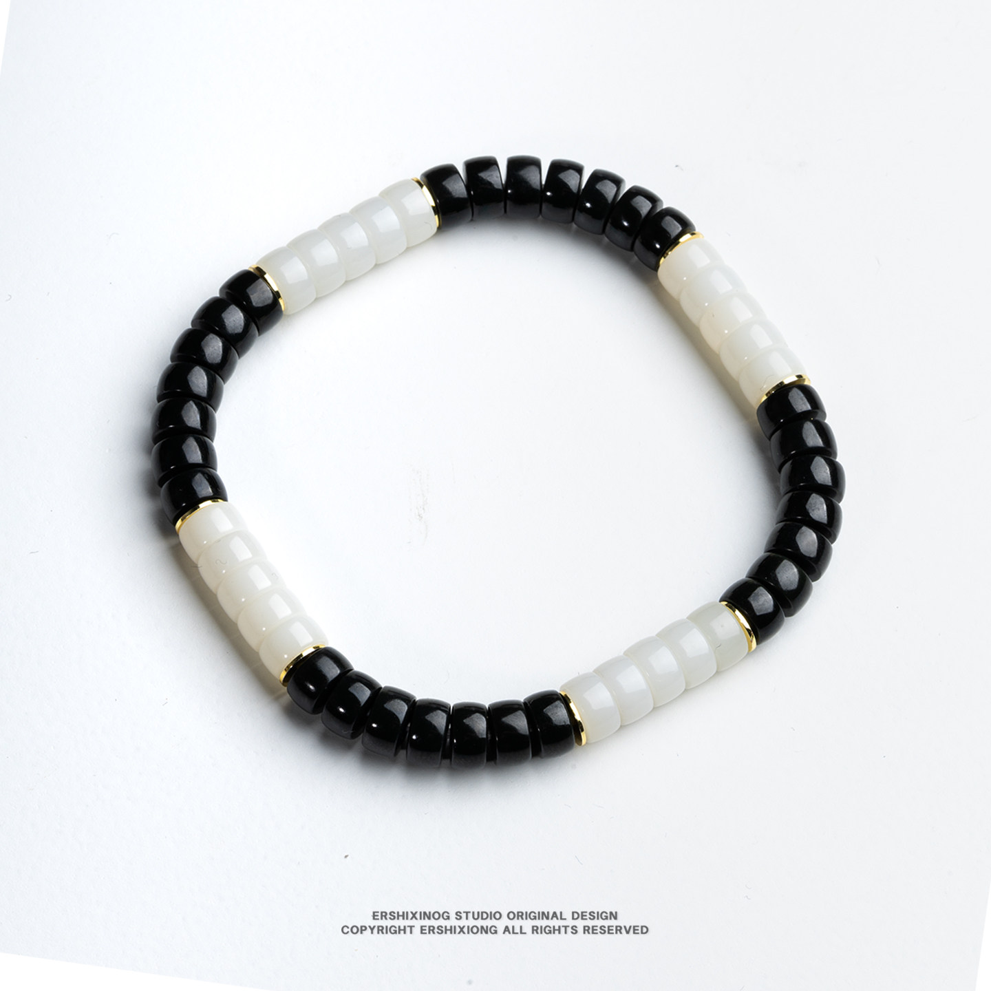 【归方】无规矩不成方圆&middot;天然和田玉塔黑青白玉撞色四方药片手串