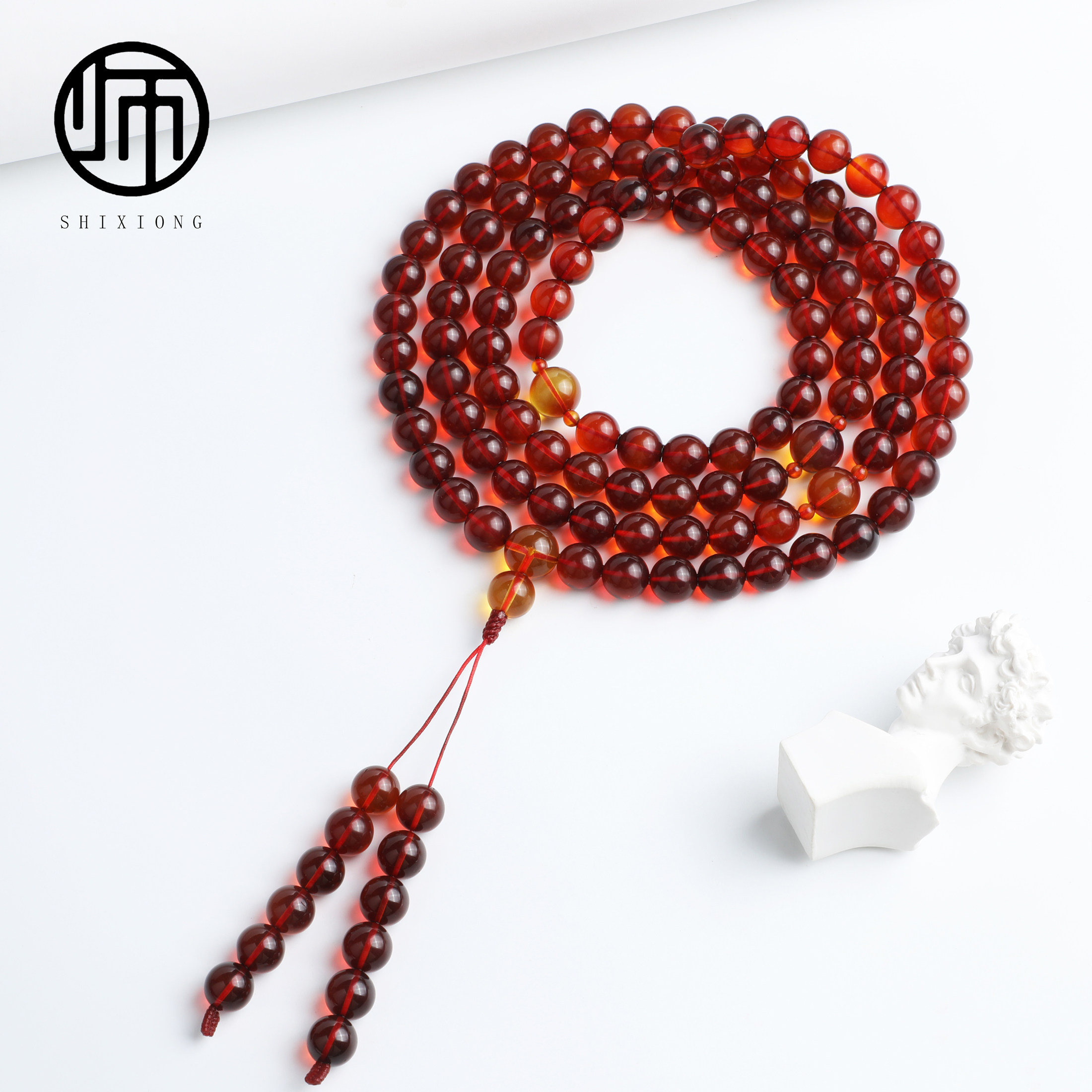 孤品天然无优化缅甸真品血珀酒红玻璃底净水108佛珠10mm