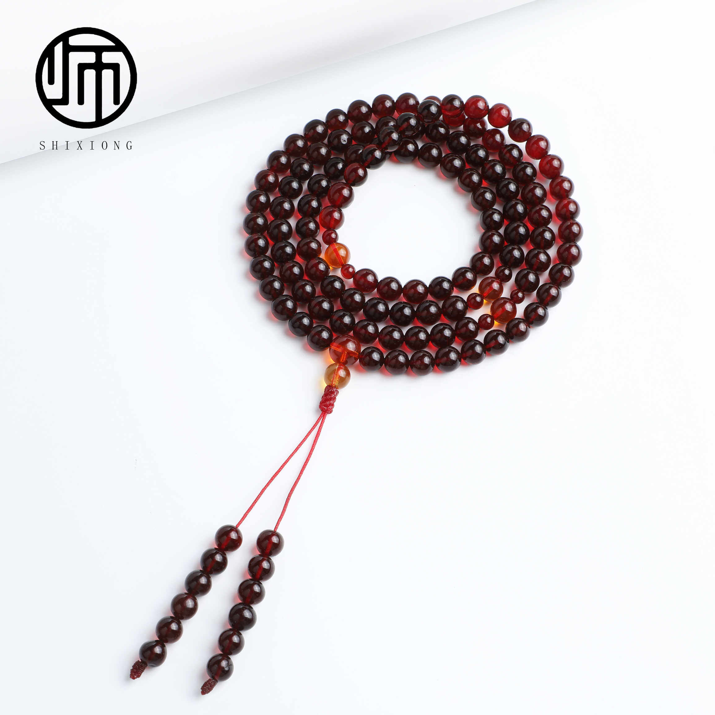 馆藏级天然无优化无烤色缅甸真品血珀酒红玻璃底净水108佛珠7mm