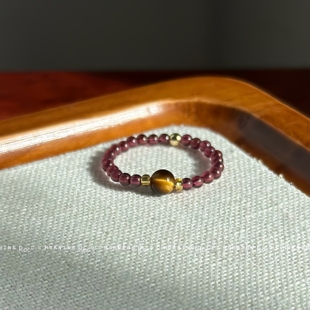 「财来气来」洛克家原创天然石榴石虎眼石猫眼水晶戒指弹力绳显白