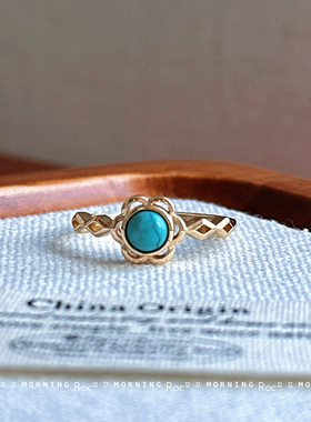 湖北绿松石蓝色小太阳花926银镀金可调节大小戒指