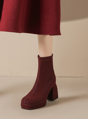 金罡MY24808粗跟方头切尔西靴2024新款秋冬季后拉链防水台短靴女