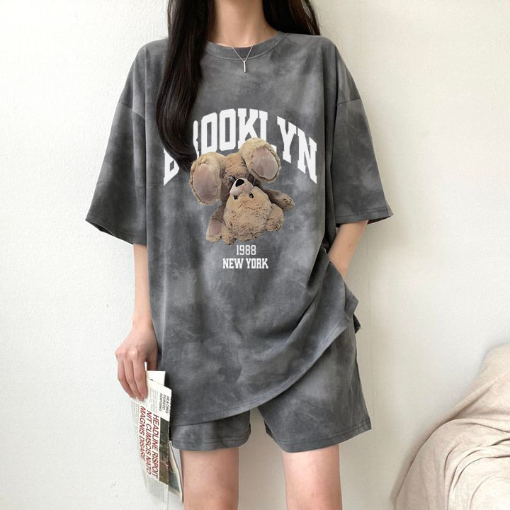 休闲跑步运动服套装女夏装韩版250斤显白扎染短袖短裤学生两件套