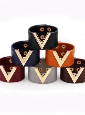 PU皮女士字母大v手饰时尚手镯饰品大牌个性驴家手链百塔外贸欧美