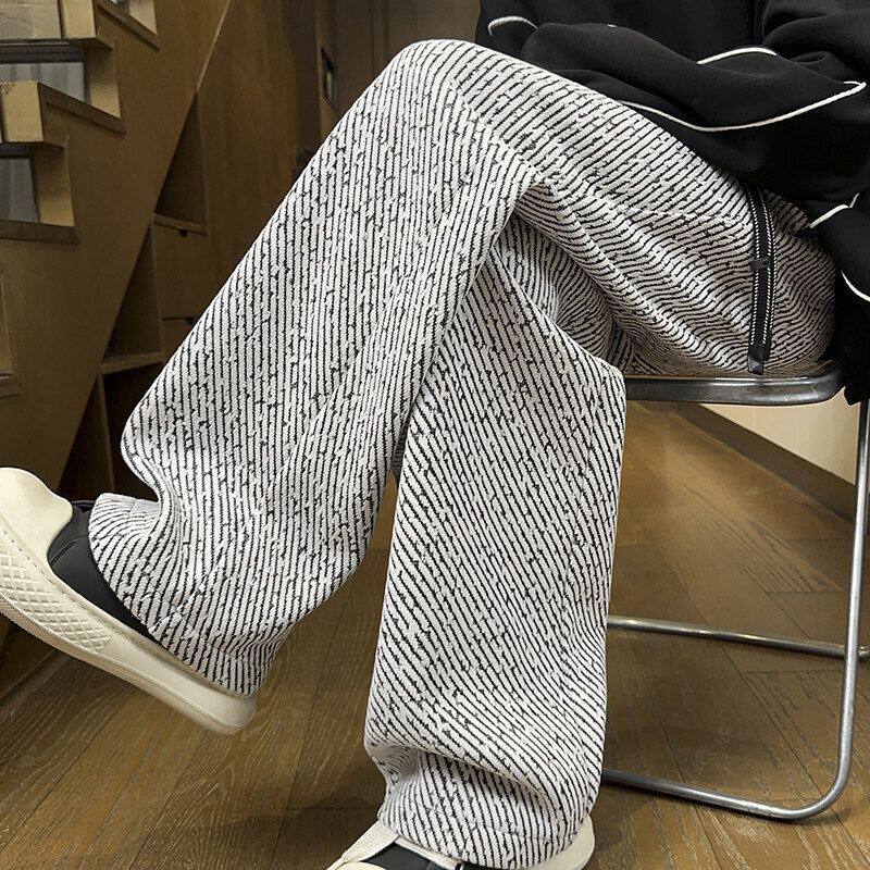 春秋慵懒风斜条纹阔腿休闲裤男潮牌宽松显瘦垂感拖地直筒百搭卫裤