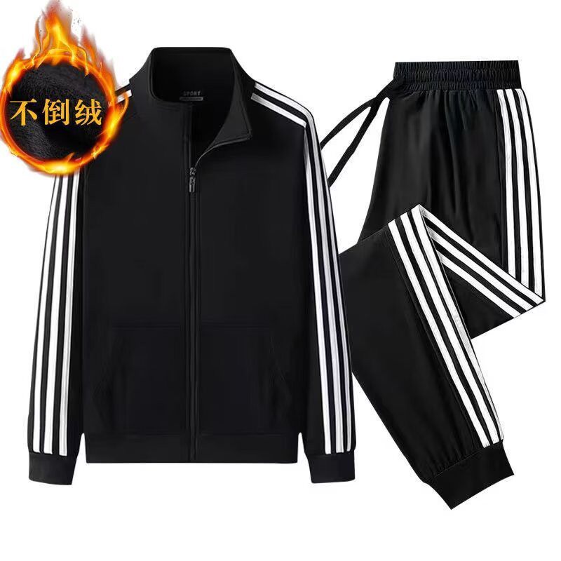 秋冬加绒外套运动服男休闲三条杠一套装户外跑步卫衣卫裤两件套装